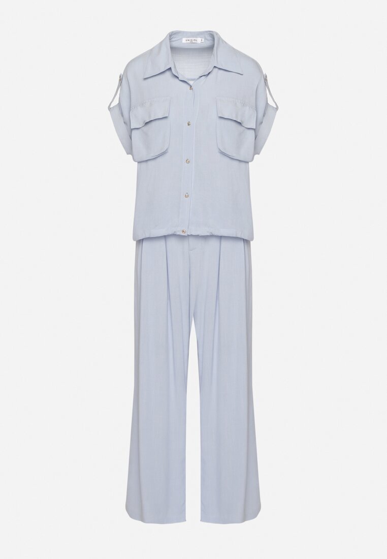 unigirl Set Albastru Din viscoză Cămașă cu Buzunare Decorative și Pantaloni Rinesella