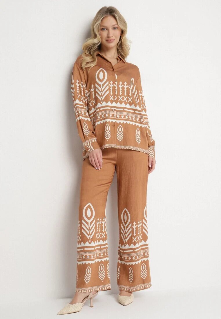 unigirl Set Maro cu Vâscoză Cămașă și Pantaloni cu Model Etnic Ellivona
