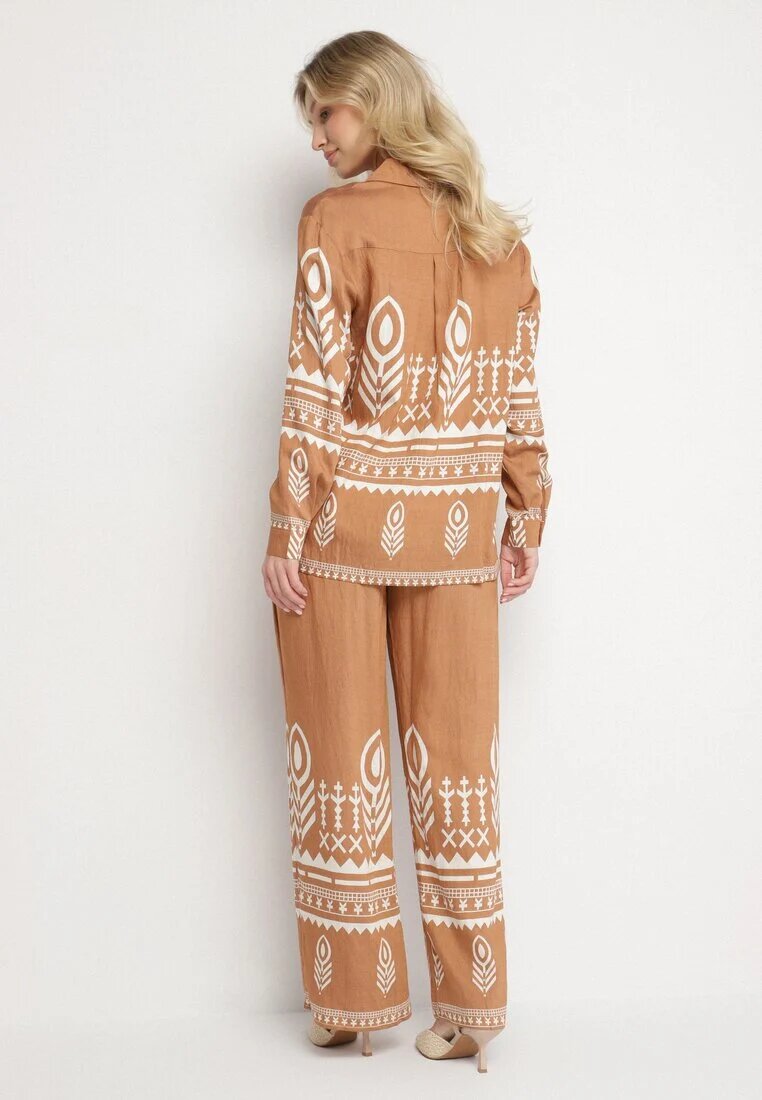 unigirl Set Maro cu Vâscoză Cămașă și Pantaloni cu Model Etnic Ellivona