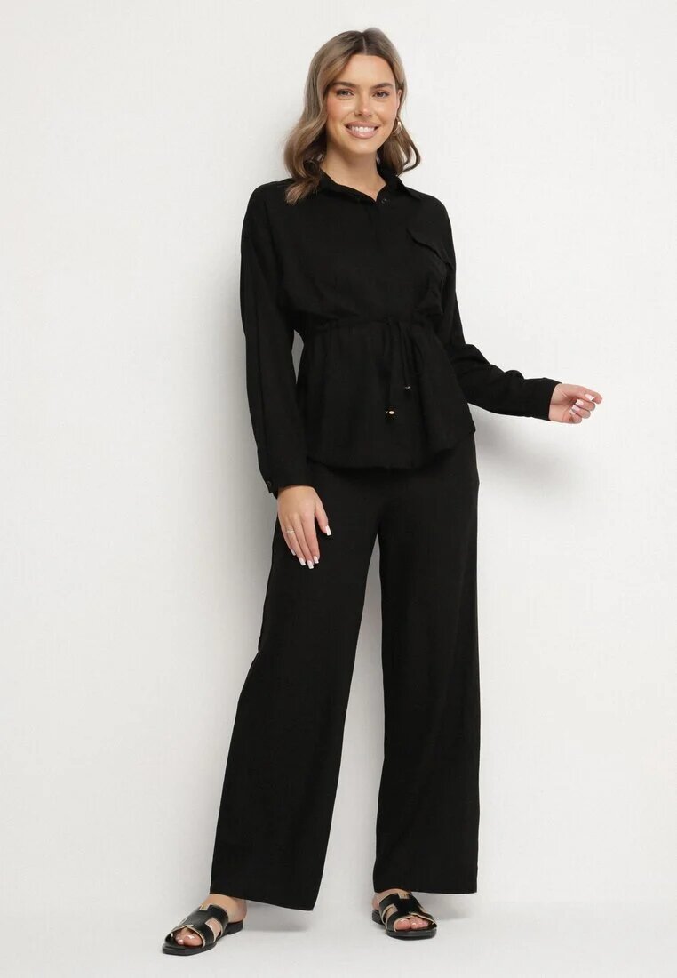 unigirl Set Negru din Viscoză Cămașă strânsă în talie și Pantaloni Largi Divellara
