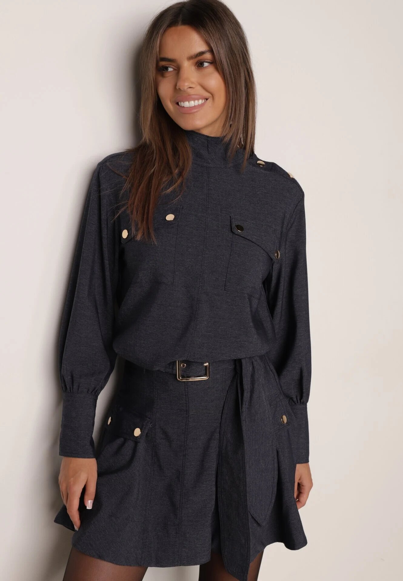 unigirl Set stil utility din viscoză: cămașă oversize și fustă evazată Pileni Bleumarin