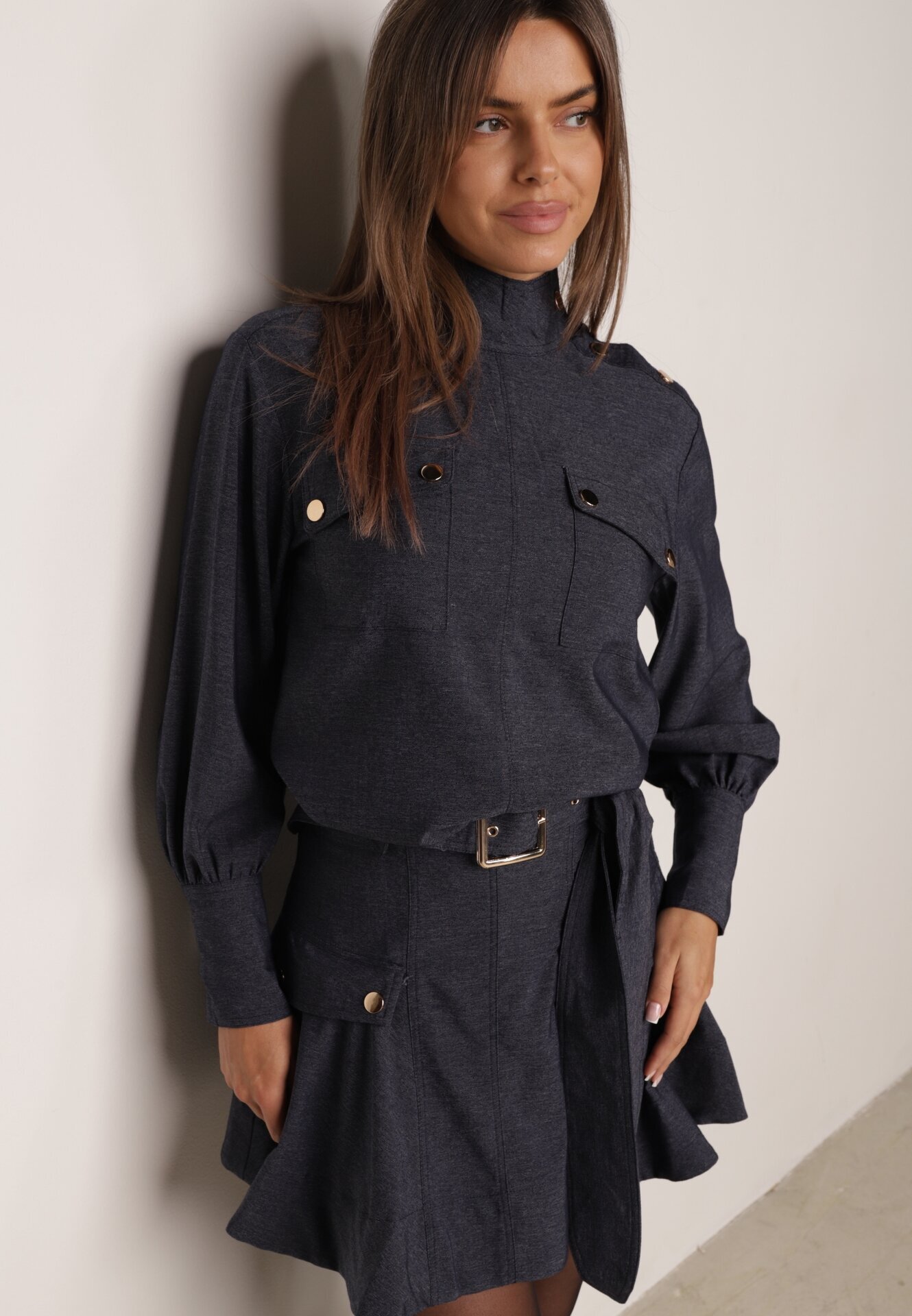 unigirl Set stil utility din viscoză: cămașă oversize și fustă evazată Pileni Bleumarin
