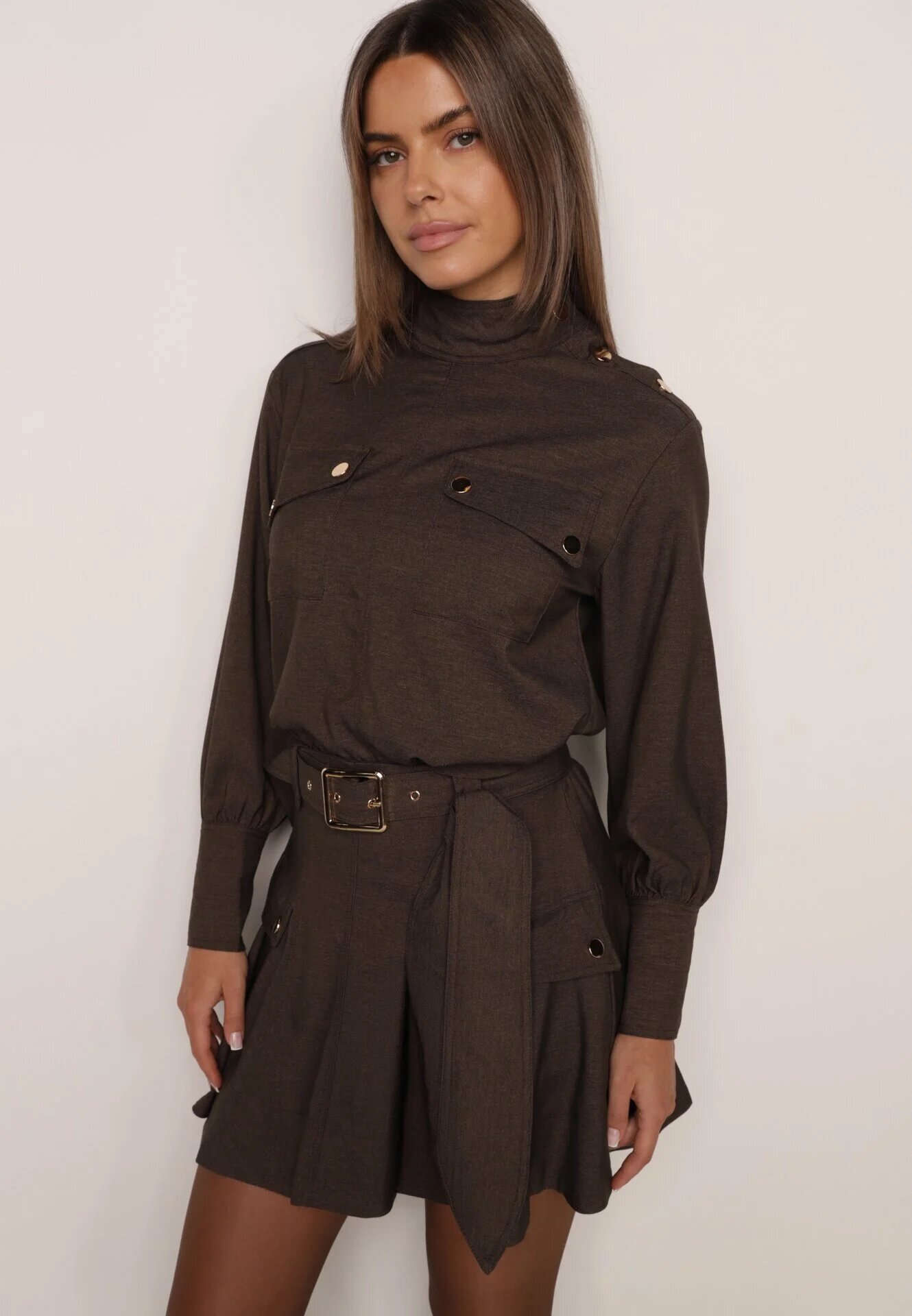 unigirl Set stil utility din viscoză: cămașă oversize și fustă evazată Pileni Maro