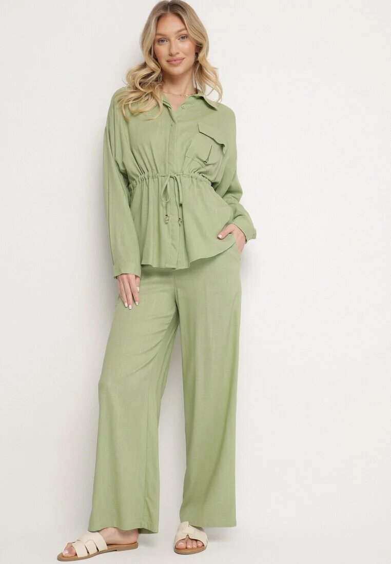 unigirl Set Verde cu Viscoză Cămașă Strânsă în Talie și Pantaloni Largi Divellara
