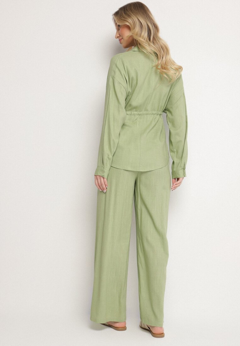 unigirl Set Verde cu Viscoză Cămașă Strânsă în Talie și Pantaloni Largi Divellara