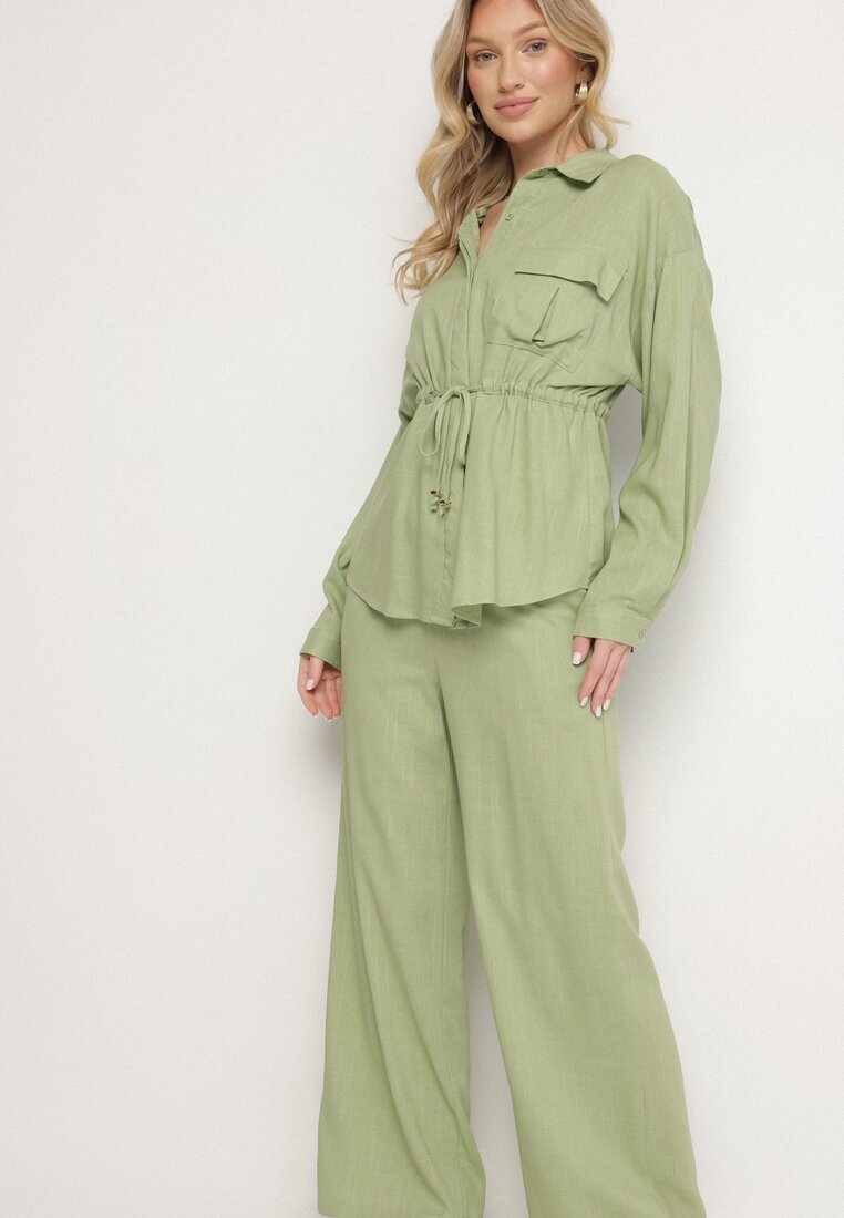 unigirl Set Verde cu Viscoză Cămașă Strânsă în Talie și Pantaloni Largi Divellara