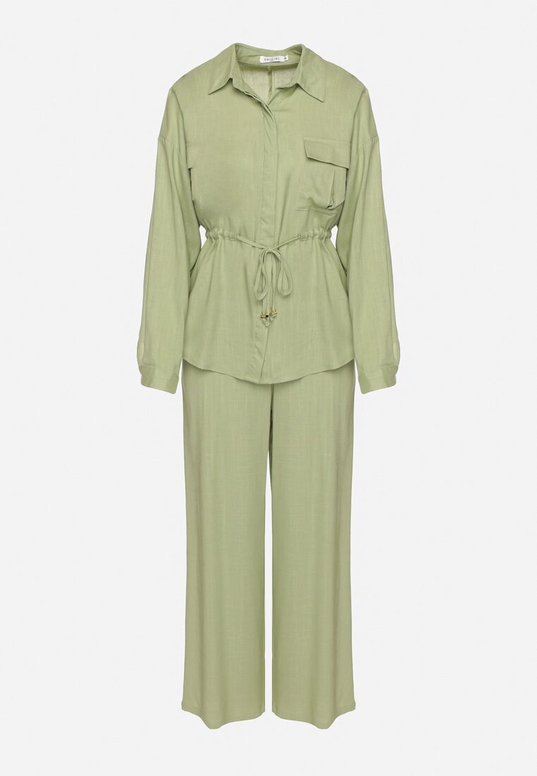 unigirl Set Verde cu Viscoză Cămașă Strânsă în Talie și Pantaloni Largi Divellara