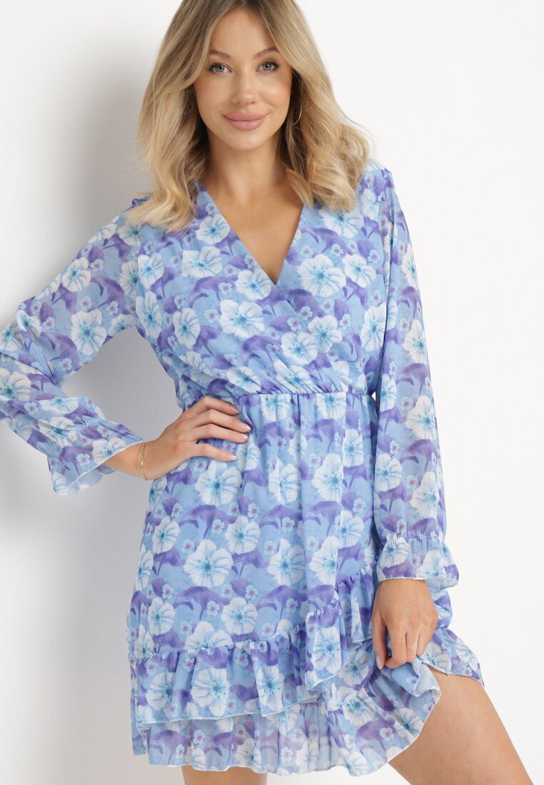 Unique Rochie Albastră Florală cu Decolteu Triunghiular Marnlla
