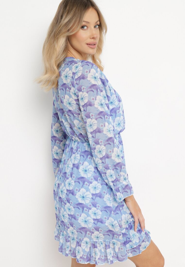 Unique Rochie Albastră Florală cu Decolteu Triunghiular Marnlla