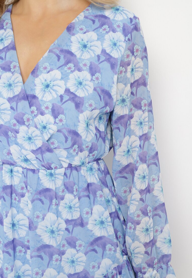 Unique Rochie Albastră Florală cu Decolteu Triunghiular Marnlla