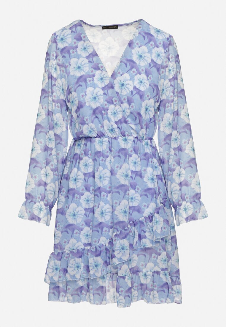 Unique Rochie Albastră Florală cu Decolteu Triunghiular Marnlla