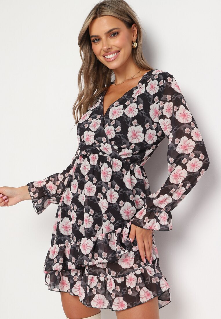 Unique Rochie Neagră cu Imprimeu Floral cu Decolteu Triunghiular Marnlla