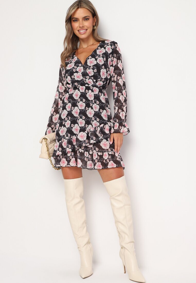Unique Rochie Neagră cu Imprimeu Floral cu Decolteu Triunghiular Marnlla