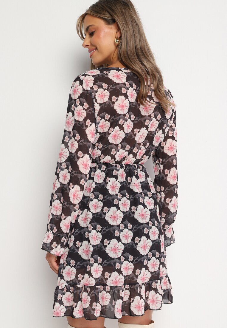 Unique Rochie Neagră cu Imprimeu Floral cu Decolteu Triunghiular Marnlla