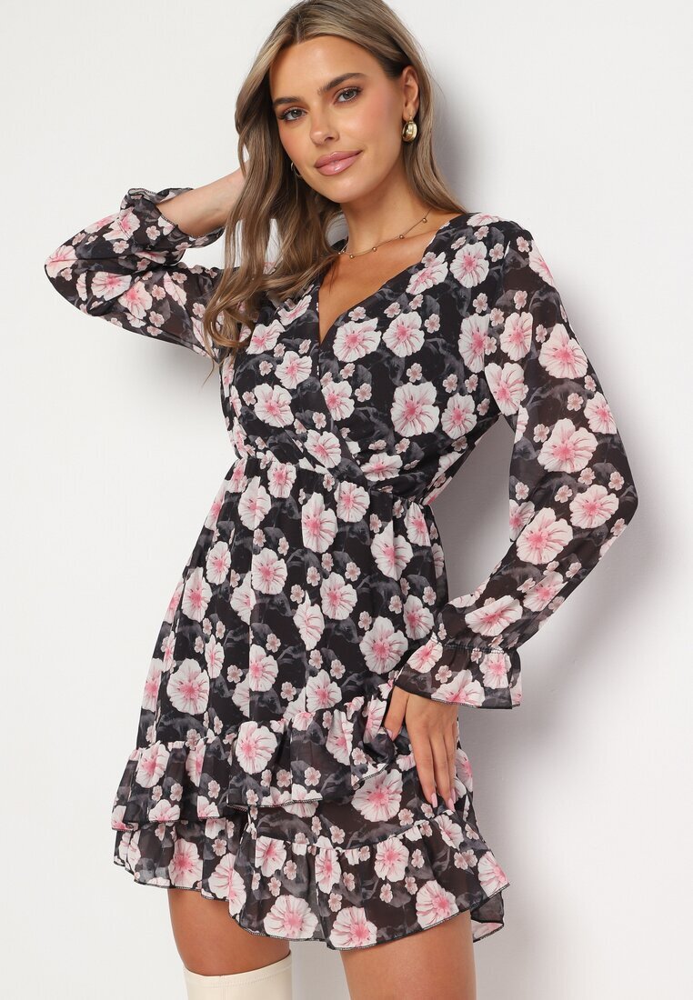Unique Rochie Neagră cu Imprimeu Floral cu Decolteu Triunghiular Marnlla