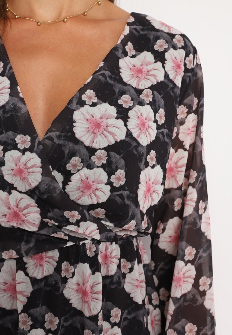 Unique Rochie Neagră cu Imprimeu Floral cu Decolteu Triunghiular Marnlla