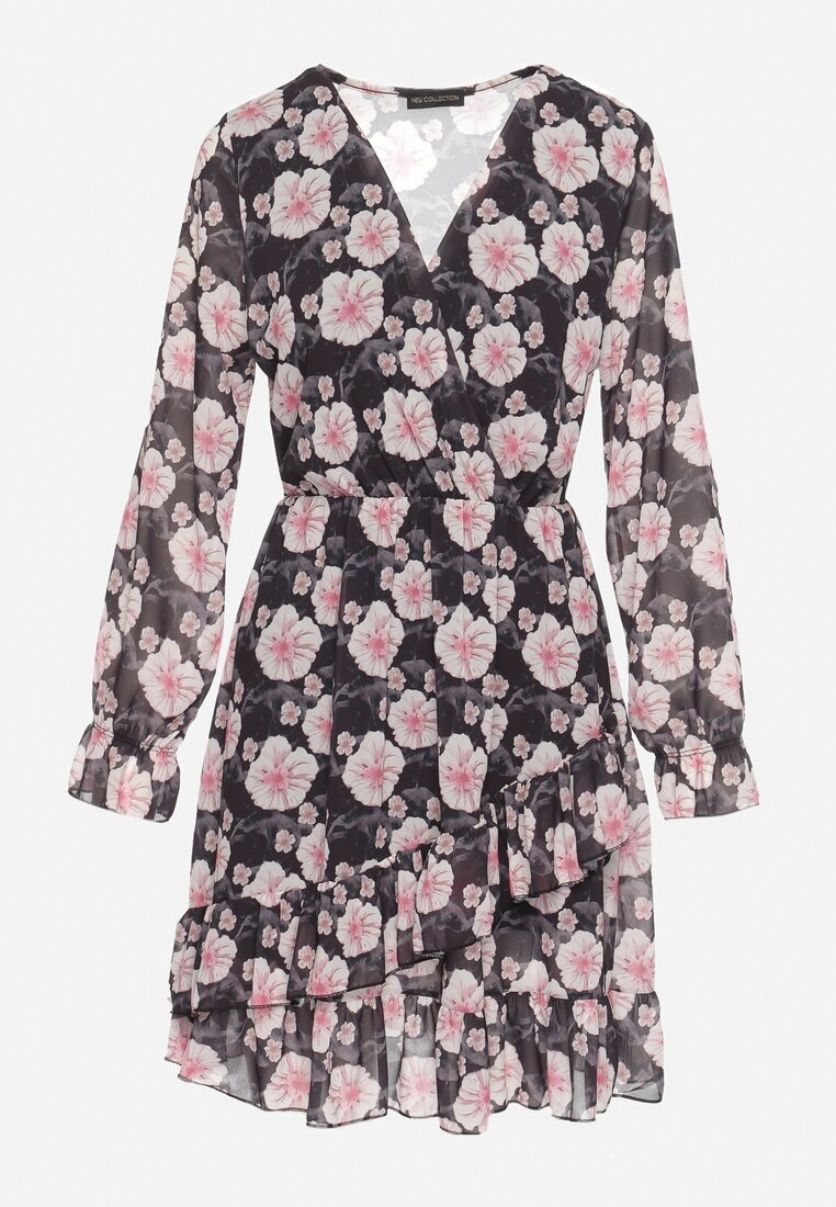 Unique Rochie Neagră cu Imprimeu Floral cu Decolteu Triunghiular Marnlla