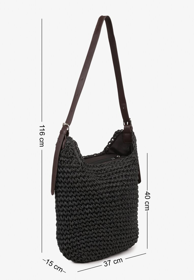 versoli Geantă Împletită De Plajă Shopper Neagră cu Baretă Lungă cu Inscripția Galenitia