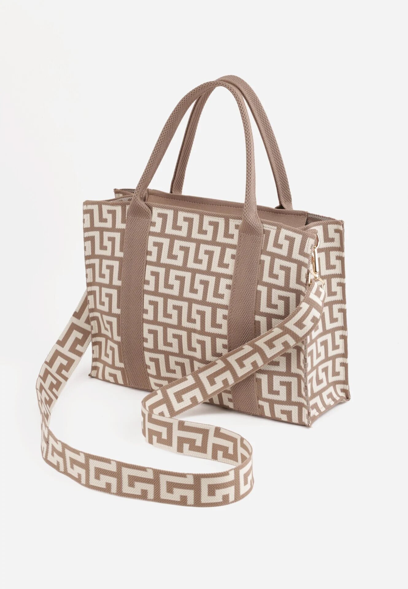 versoli Geantă shopper din material textil cu model geometric cu mânere și curea Vlada Bej
