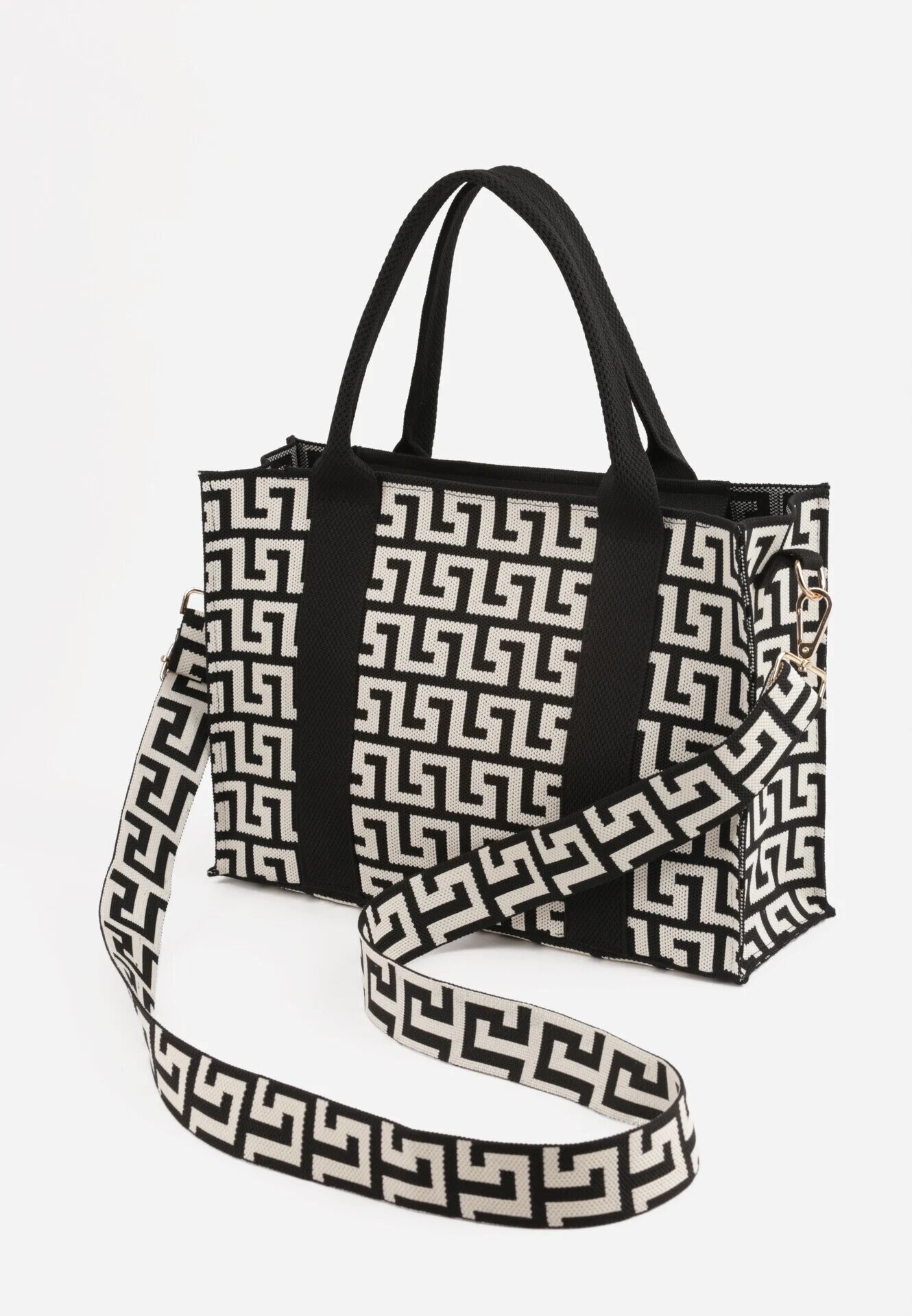 versoli Geantă shopper din material textil cu model geometric cu mânere și curea Vlada Neagră