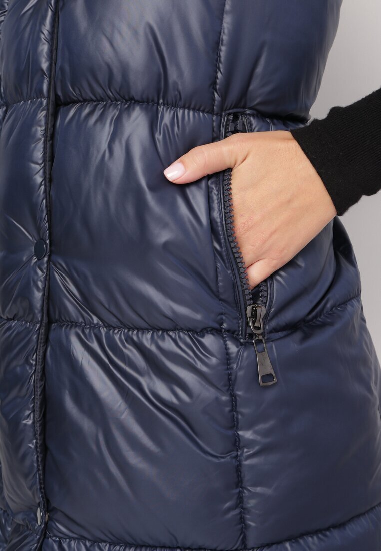  Vestă Bleumarin Lungă Matlasată cu Glugă Detașabilă Glonte