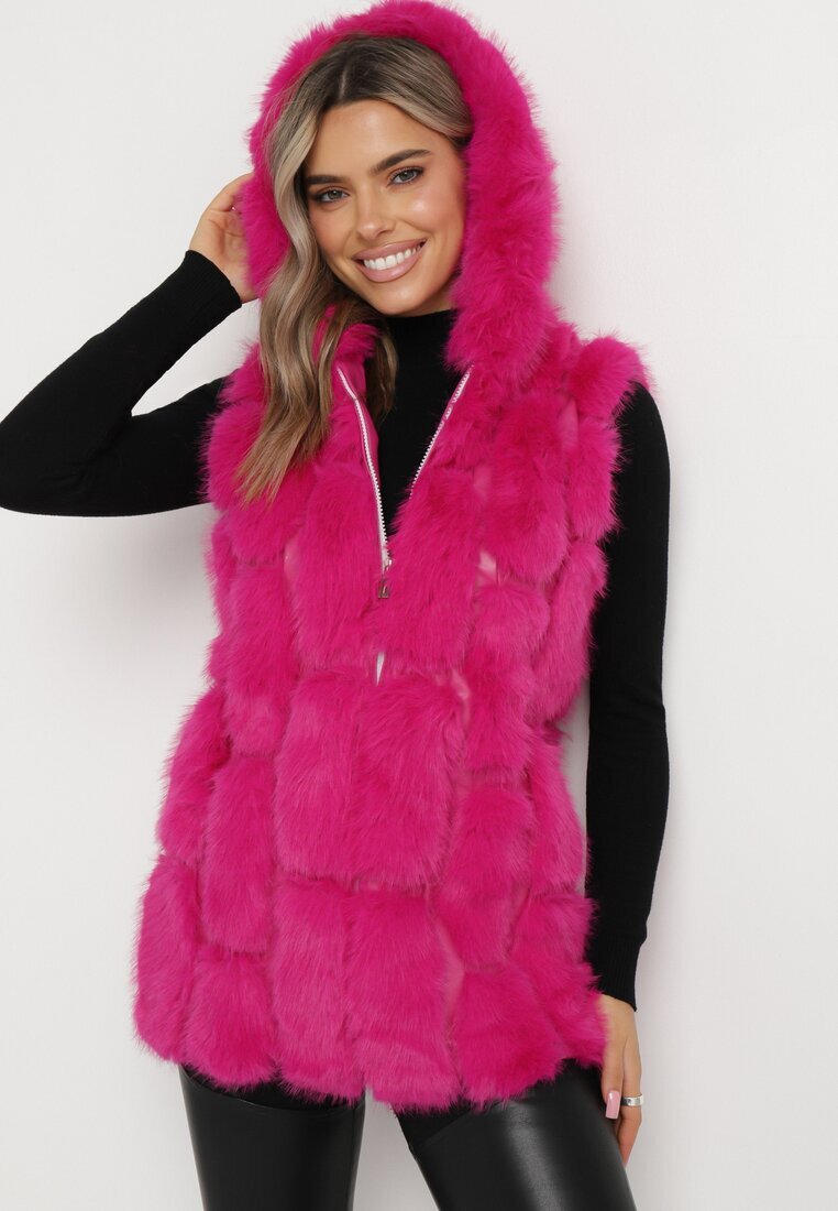  Vestă fuchsia de blană cu glugă Sophal