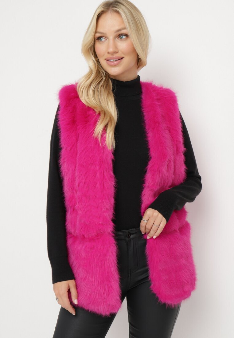  Vestă Fucsia din Blană Decorată cu Inserții din Piele ecologică Robenissa