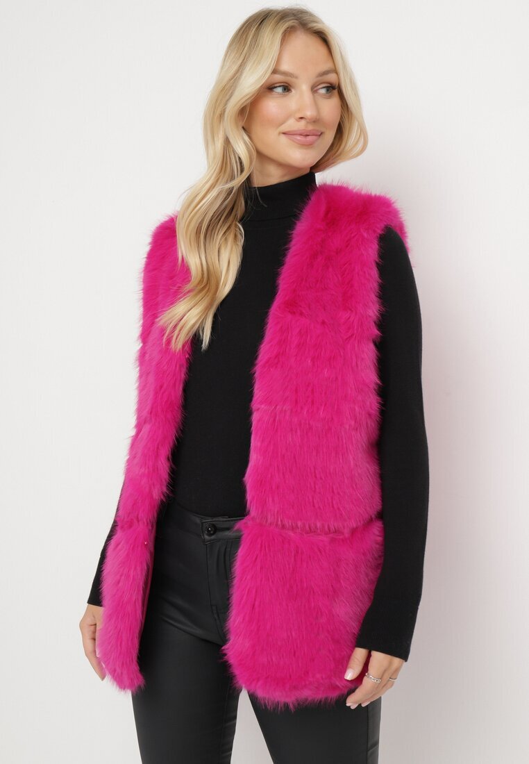 Vestă Fucsia din Blană Decorată cu Inserții din Piele ecologică Robenissa