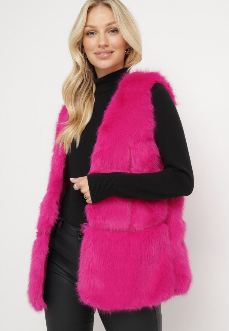  Vestă Fucsia din Blană Decorată cu Inserții din Piele ecologică Robenissa