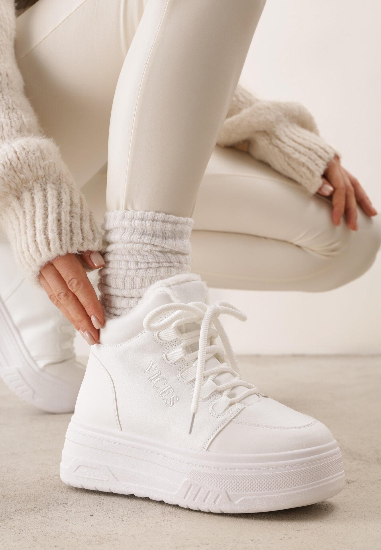 vices Adidași Albi pe Platformă Izolate cu Blană Leanelitia