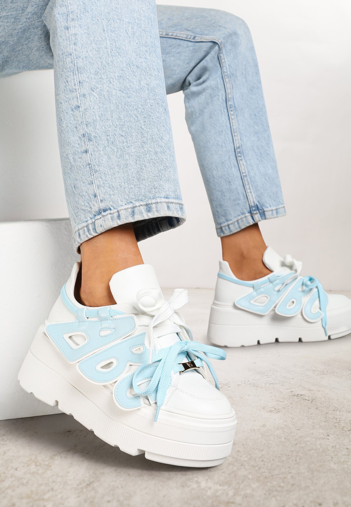 vices Adidași Plati Albi-Albaștri cu Șiret Dublu cu Ornament 3D Nelarissa