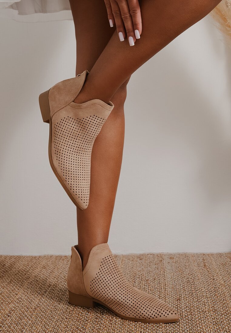 vices Botine Bej Perforate cu Talpă Plată cu Decupaj Decorativ Selenith
