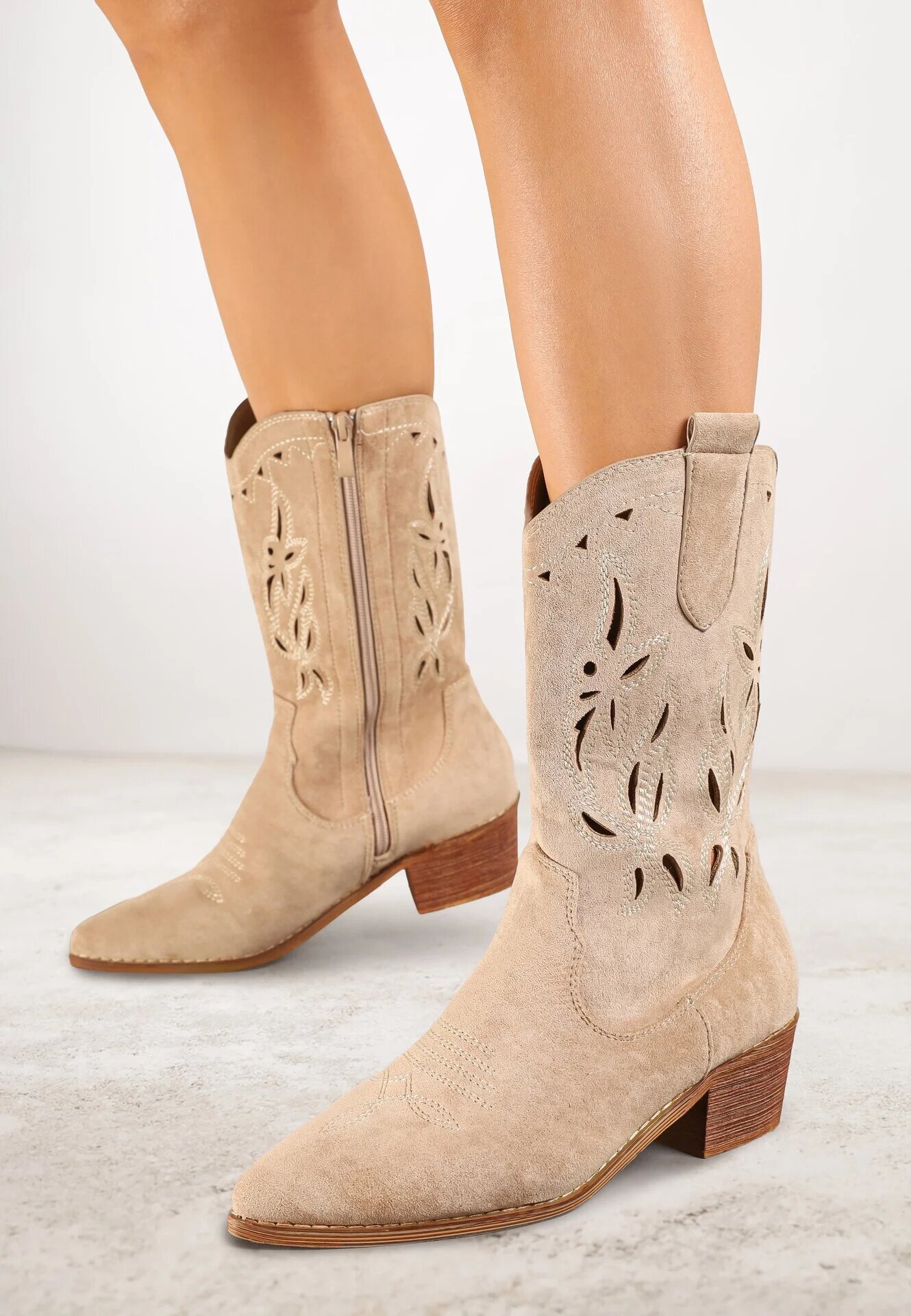vices Botine Bej Perforate cu toc Stil cowboy Helori