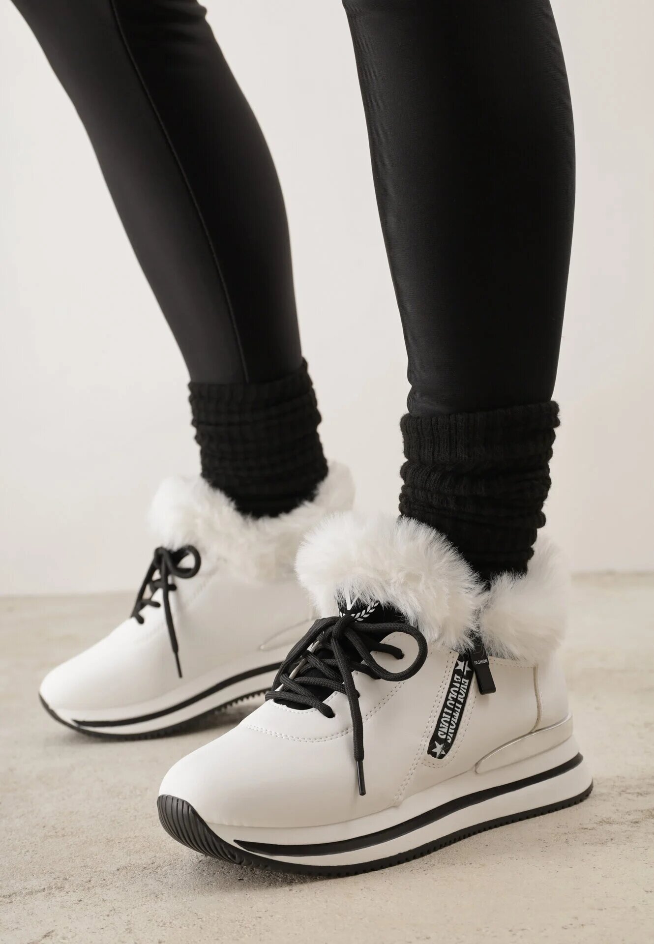 vices Botine Sneakers Albe cu Talpă Groasă cu Blană Biqilee