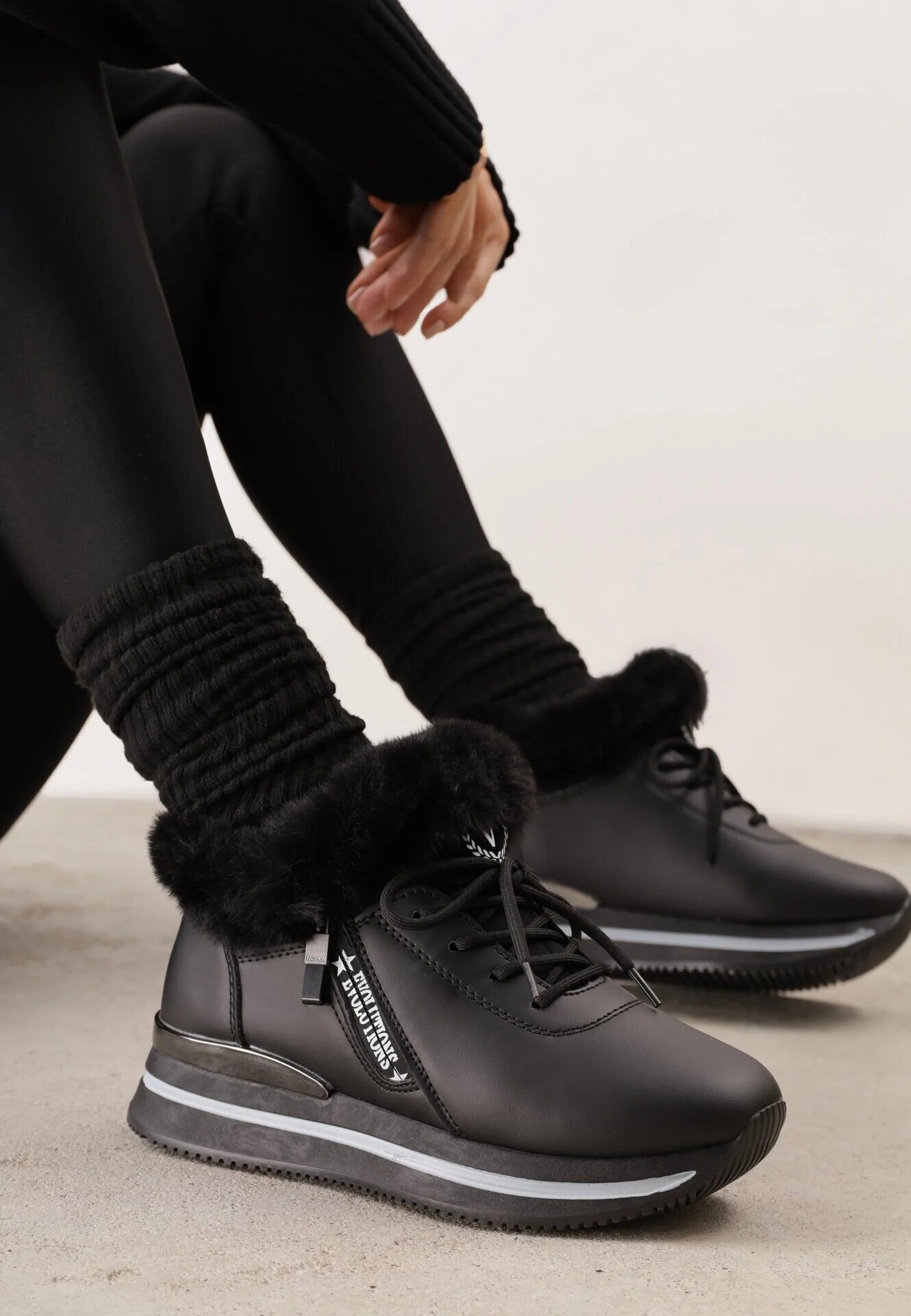 vices Botine Sneakers Negre cu Talpă Groasă cu Blăniță Biqilee