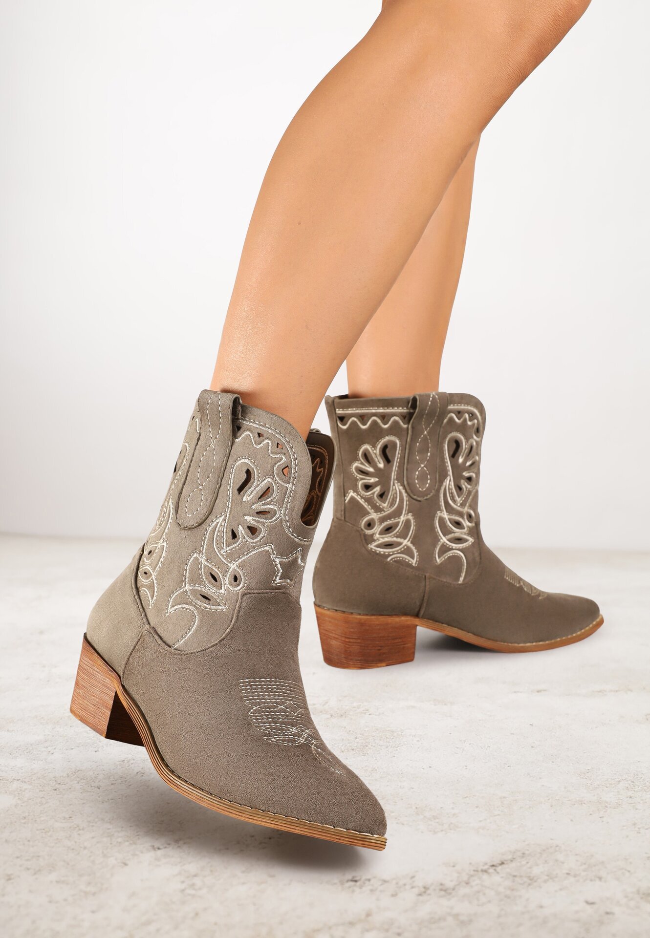 vices Botine Verzi cu Toc în Stil Cowboy cu Broderie Nelithraea
