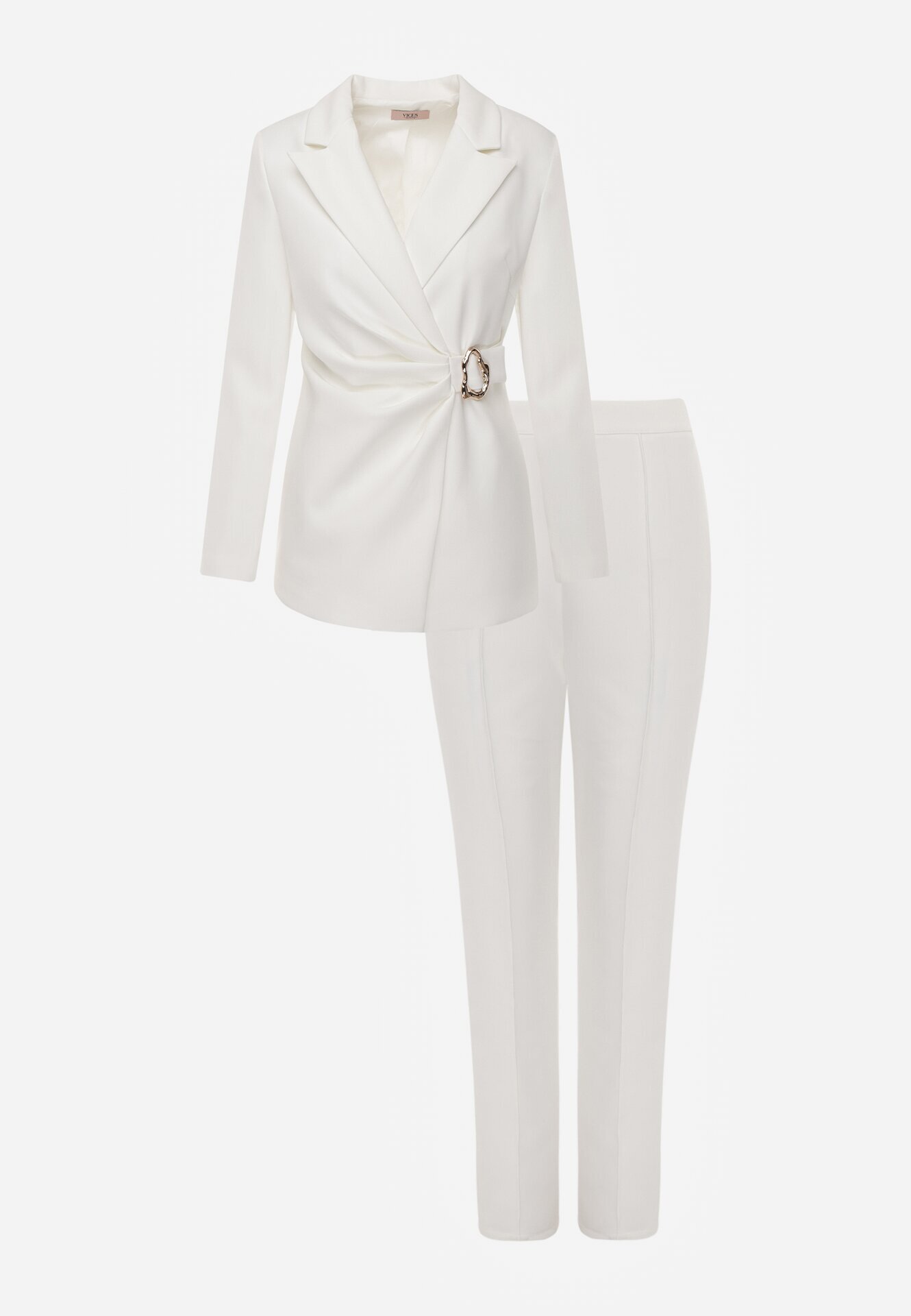 vices Costum cu sacou cambrat cu cataramă și pantaloni cu cusături decorative Deroya Alb