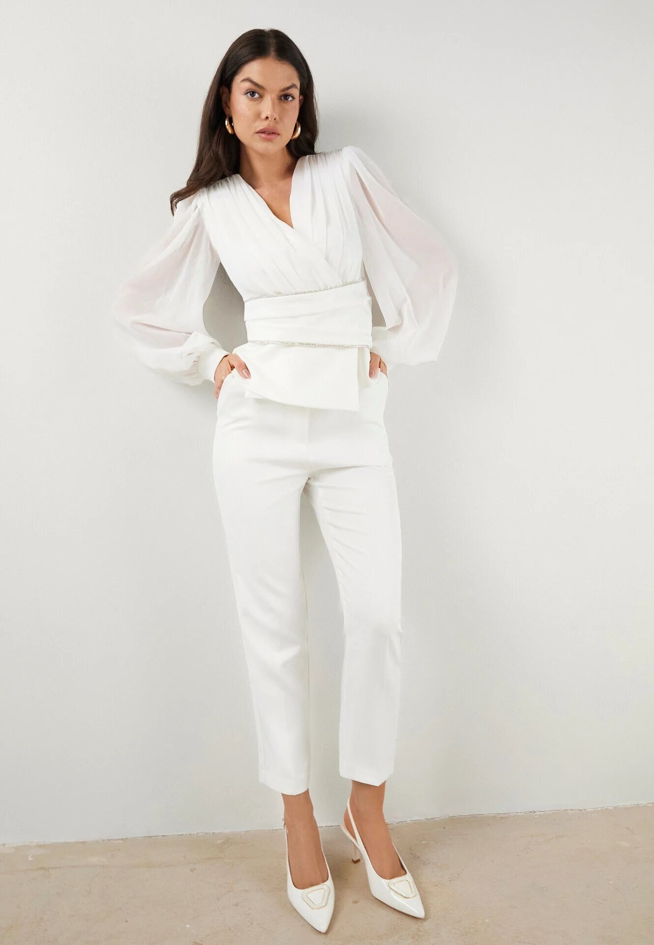 vices Pantaloni Albi Eleganți de Costum cu Buzunare Zervia