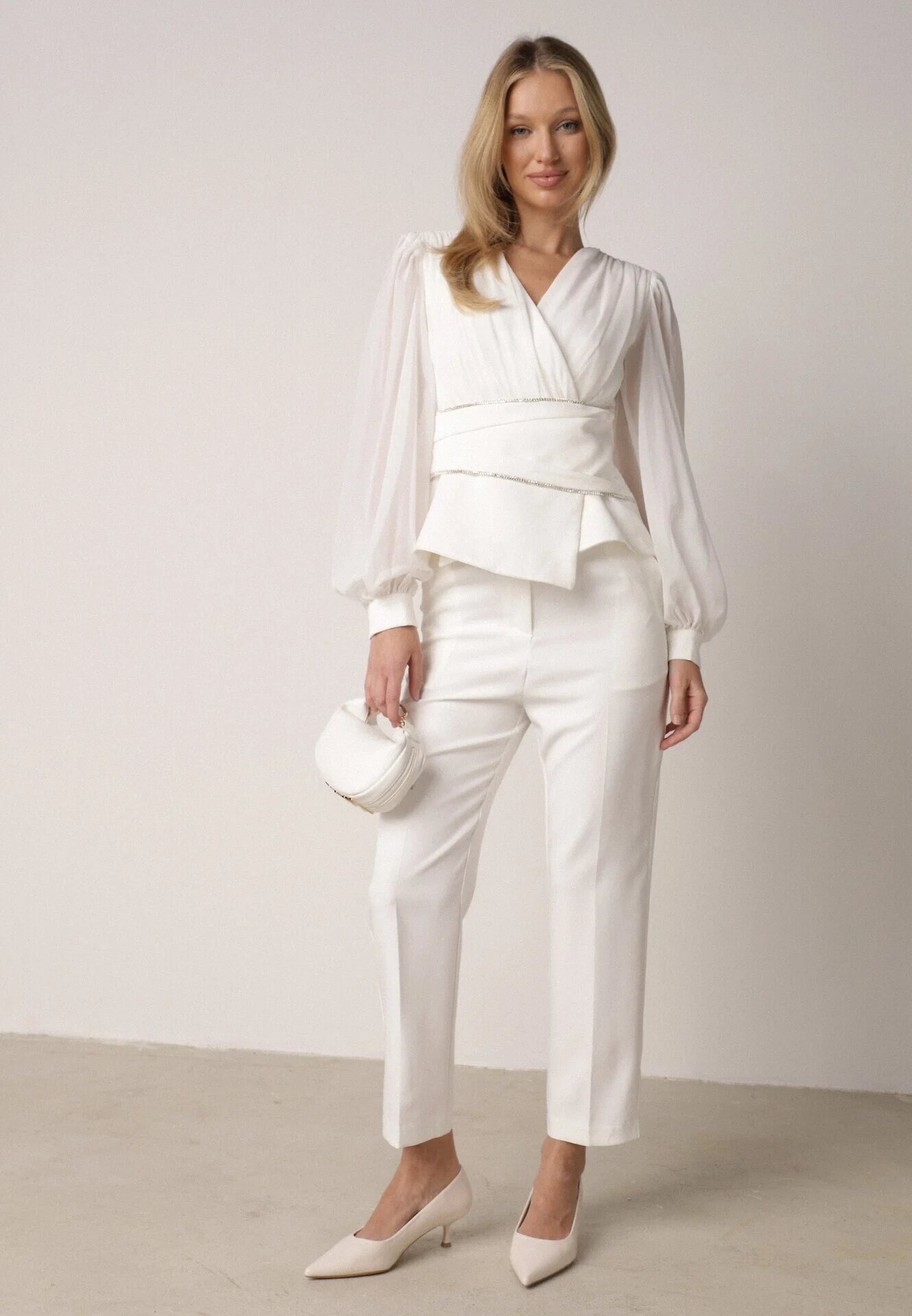 vices Pantaloni Albi Eleganți de Costum cu Buzunare Zervia