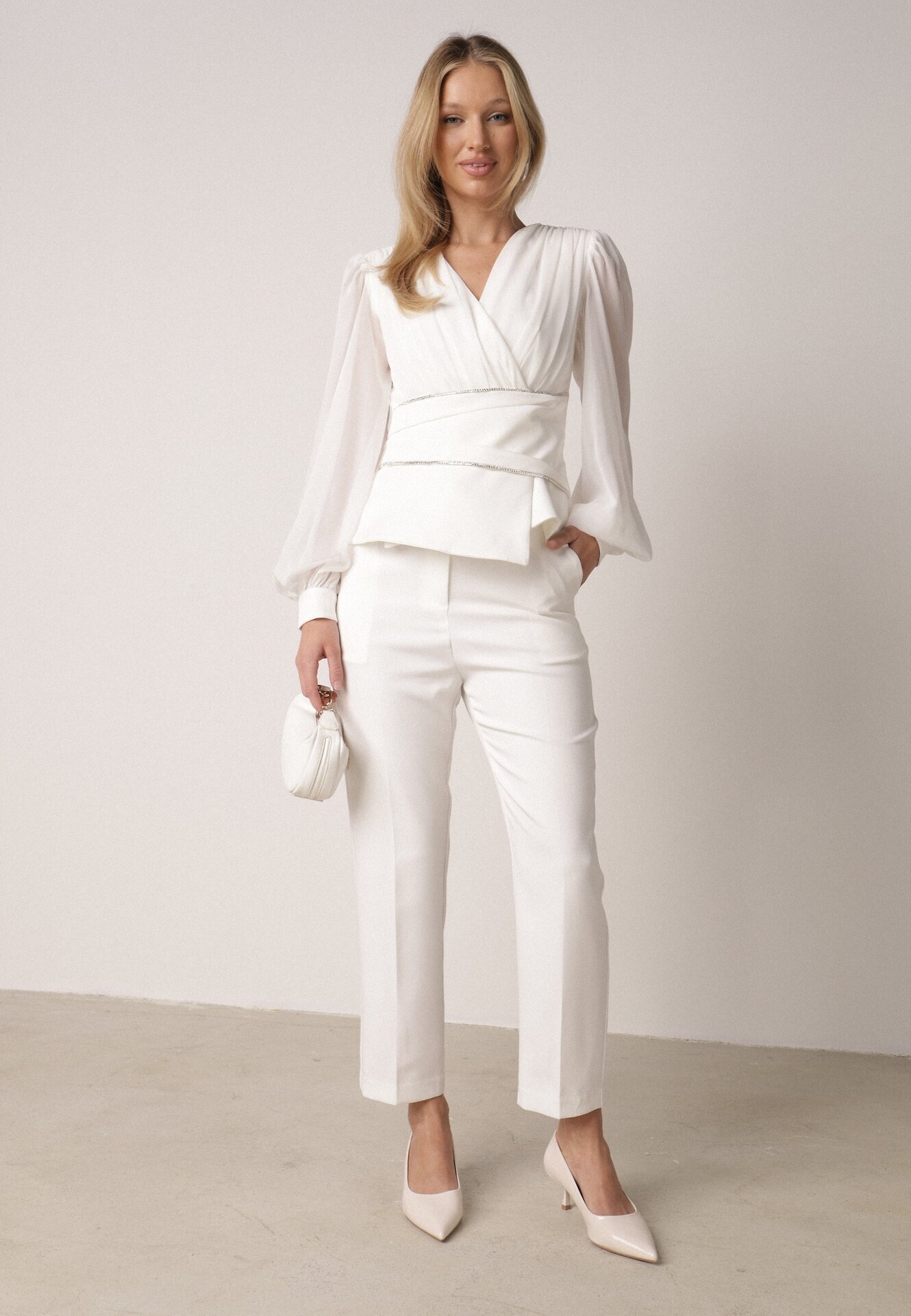 vices Pantaloni Albi Eleganți de Costum cu Buzunare Zervia