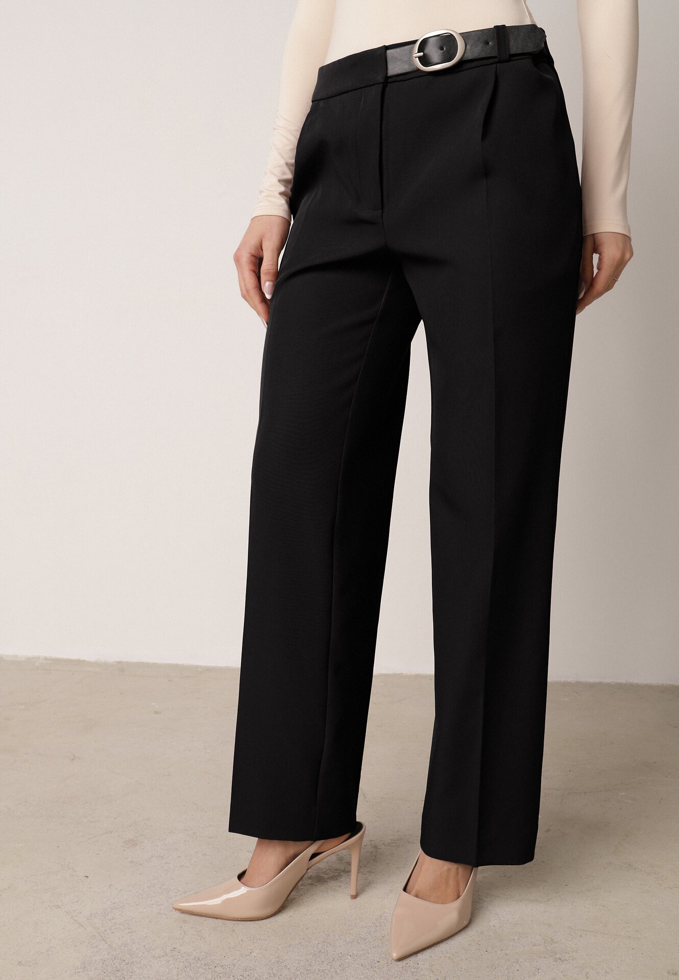 vices Pantaloni Eleganti Negri cu dungă cu centură cusută cu cataramă Azivore