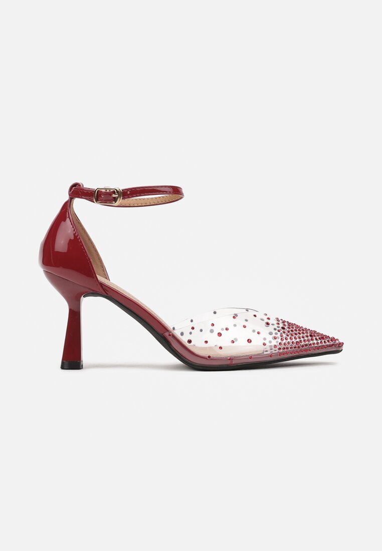vices Pantofi cu toc Bordeaux cu toc stiletto cu vârf transparent cu zirconii și branț din piele Liliris