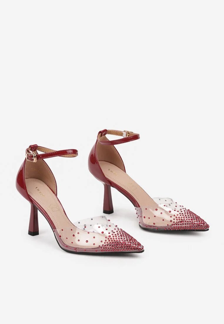 vices Pantofi cu toc Bordeaux cu toc stiletto cu vârf transparent cu zirconii și branț din piele Liliris