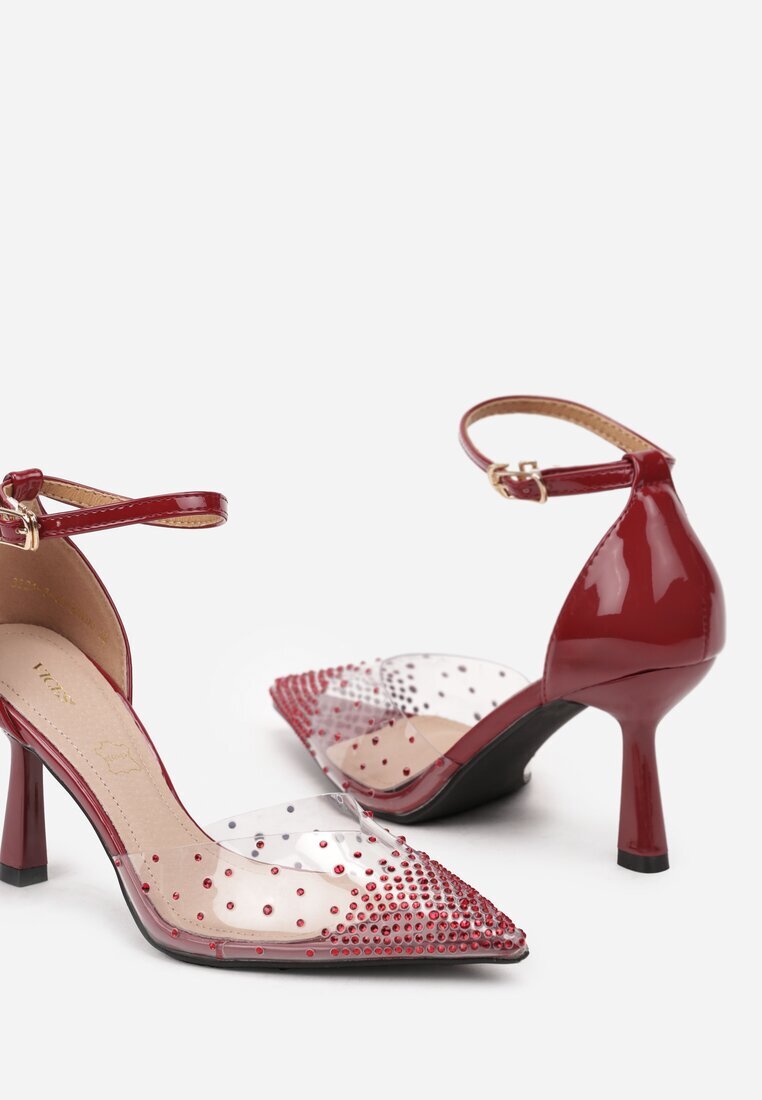 vices Pantofi cu toc Bordeaux cu toc stiletto cu vârf transparent cu zirconii și branț din piele Liliris