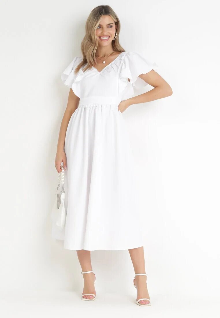 vices Rochie Albă Midi cu Volane la Umeri Happisa