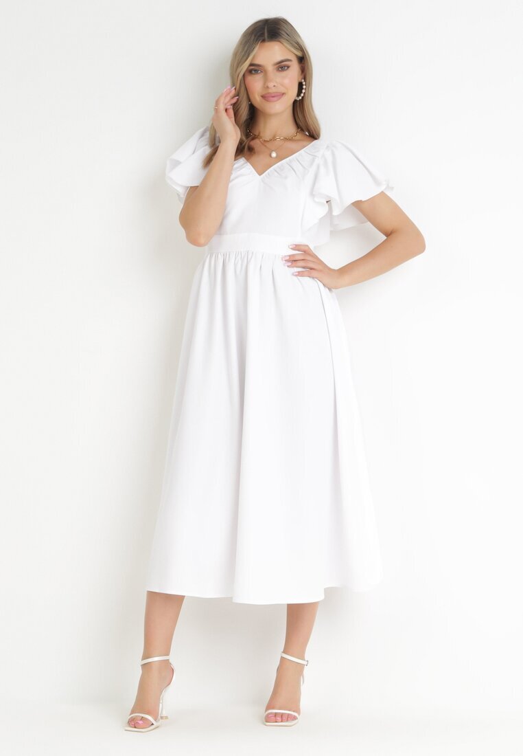 vices Rochie Albă Midi cu Volane la Umeri Happisa