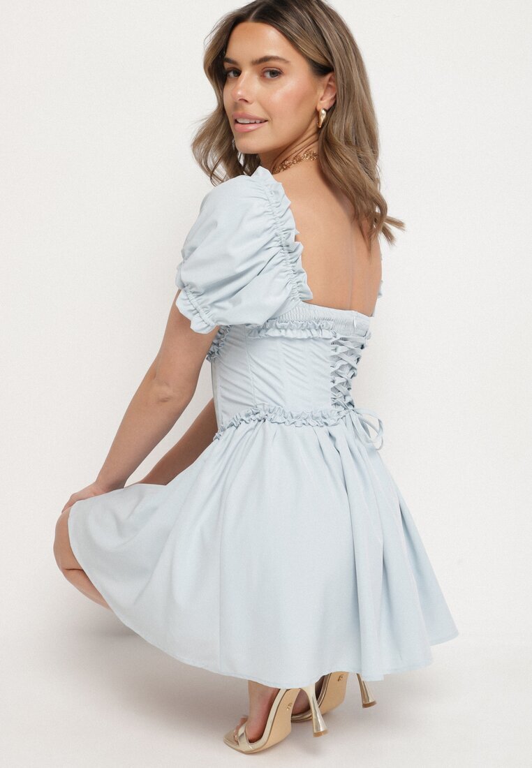 vices Rochie Albastră în Stil Rustic cu Legătură Tip Corset Tolaviela