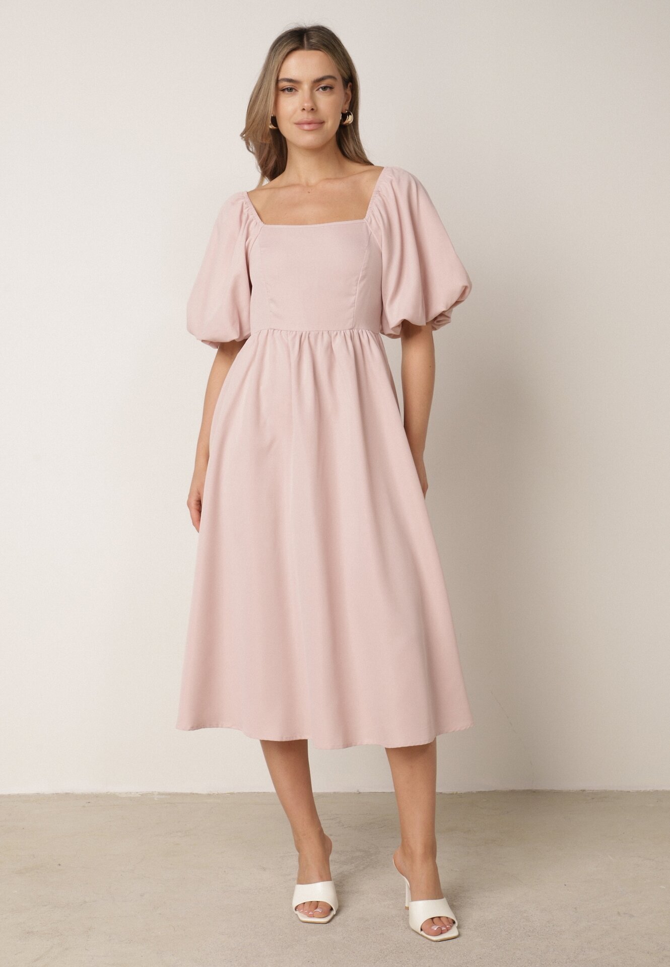 vices Rochie Cloche Roz Midi cu Mâneci bufante și Decolteu pătrat Ceania
