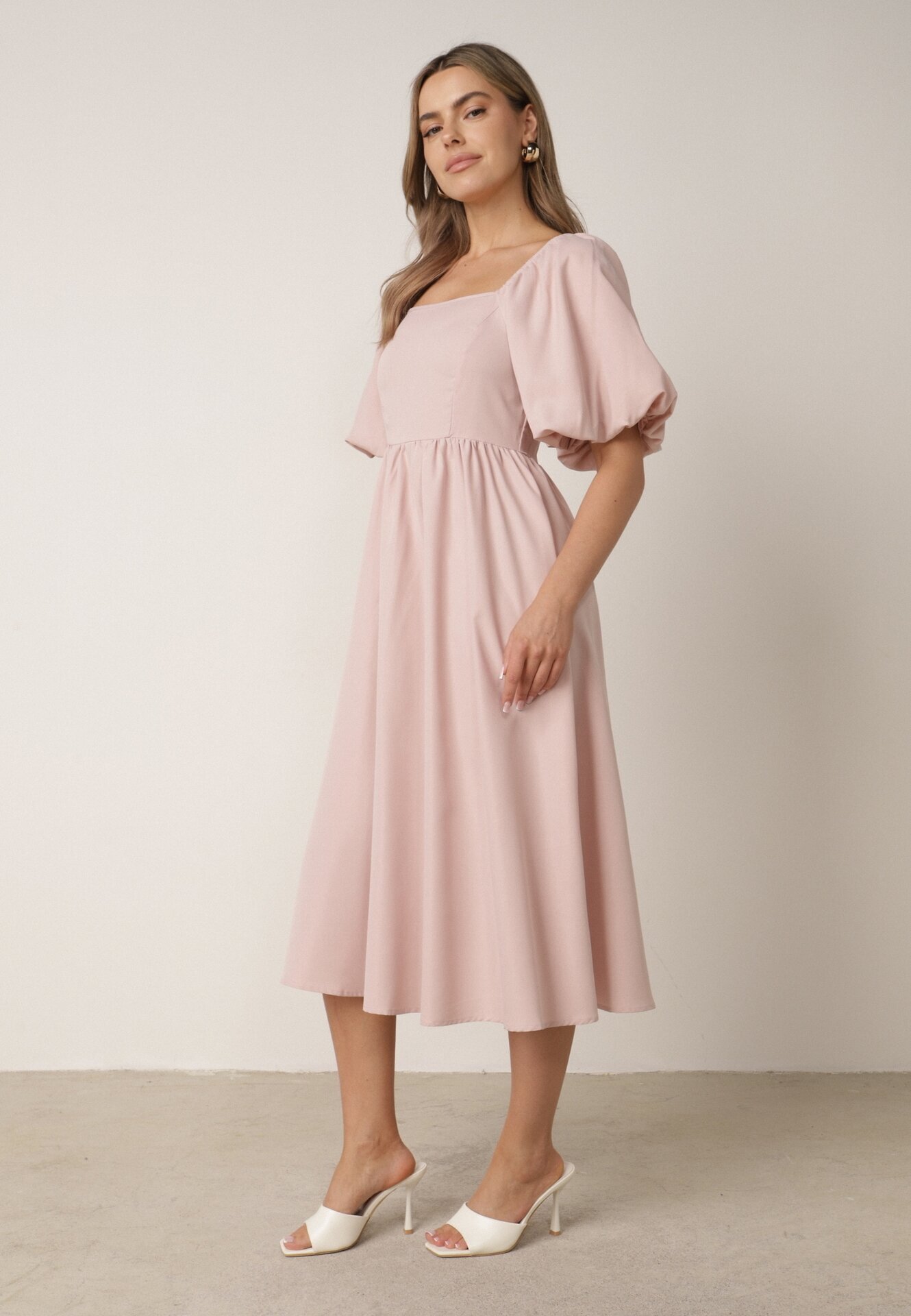 vices Rochie Cloche Roz Midi cu Mâneci bufante și Decolteu pătrat Ceania