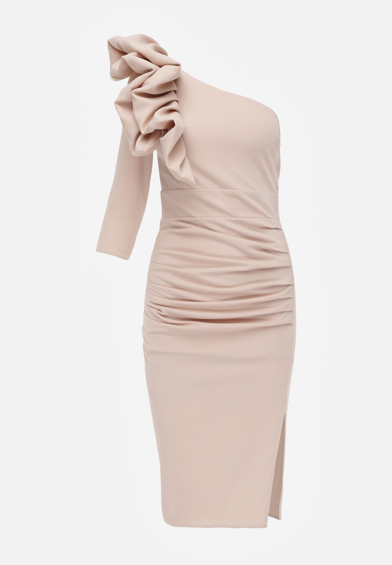 vices Rochie de seară asimetrică cu croială asortată și mânecă decorativă Canotis Bej